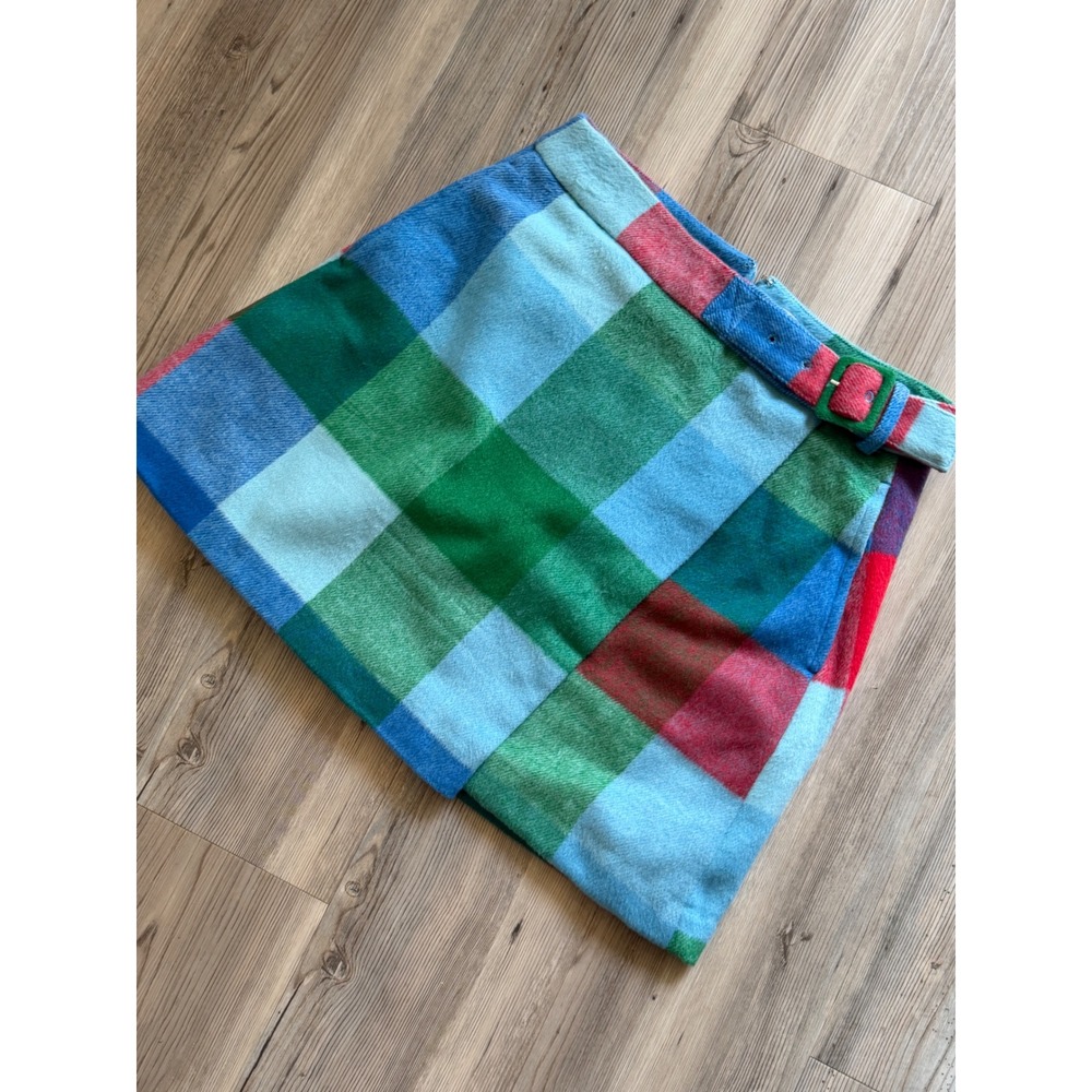 Free Assembly Y2K Blue Green Plaid Faux Wrap Mini Skirt Belted Pockets Size 2